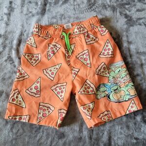 Nickelodeon TMNT Swim Trunks Boys 4T Orange Excellent Pizza Graphic Shorts